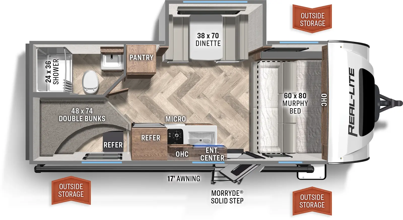 The RL-191 has one slide out and one entry. Exterior features a 17 foot awning, rear refrigerator, and MORryde Solid Step. Interior layout front to back: murphy bed/couch with overhead cabinet, off door side dinette slide out, and pantry; door side entry, kitchen with overhead cabinet entertainment center, microwave, cooktop and refrigerator; rear, off-door side full bathroom; rear door side double bunks. 